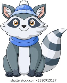 Cute raccoon cartoon wearing hat and scarf