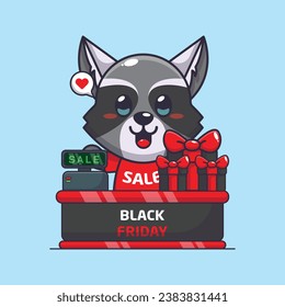 cute raccoon with cashier table in black friday sale cartoon vector illustration