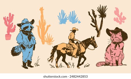 Cute raccoon and cat in cowboy outfits fun vintage western cowboy horse riding and cactus vector illustration set