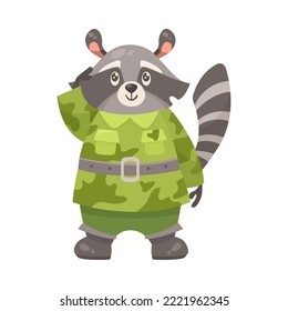 Cute raccoon character in camouflage cartoon illustration. Serious animal soldier in military uniform saluting officer. Army, zoo, warrior concept