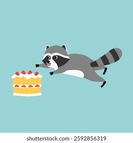 cute raccoon character cartoon leaping toward for a cake illustration