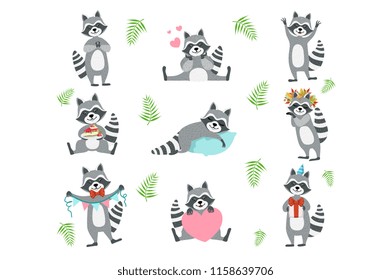 Cute Raccoon Character In Different Situations Set