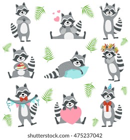 Cute Raccoon Character In Different Situations Set