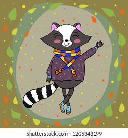 Cute raccoon character in the fall in a scarf, against a background of falling leaves. Vector.