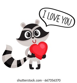 Cute raccoon character holding big red heart, saying I Love You, cartoon vector illustration isolated on white background.
