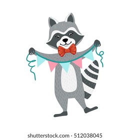 Cute Raccoon Character Holding Paper Garland