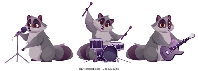 Cute raccoon character playing musical instrument and singing song with microphone for childish animal band orchestra concept. Cartoon vector illustration set of funny mascot musician on performance.