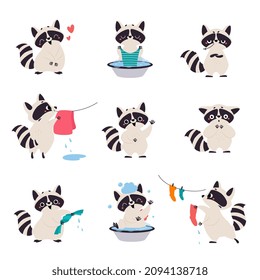 Cute Raccoon Character with Ringed Tail Hanging Clothes and Bathing Vector Set