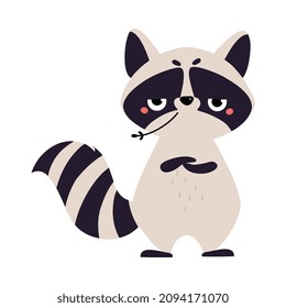 Cute Raccoon Character with Ringed Tail Standing and Chewing Grass Blade Vector Illustration