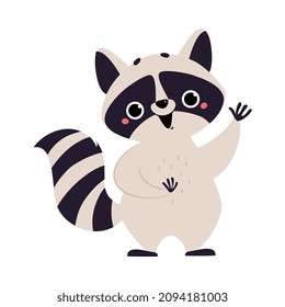 Cute Raccoon Character with Ringed Tail Smiling and Waving Paw Vector Illustration