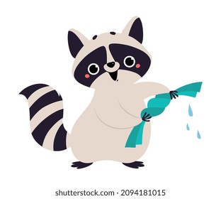 Cute Raccoon Character with Ringed Tail Wringing out Wet Clothes Vector Illustration