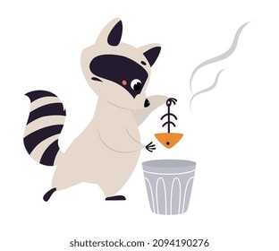 Cute Raccoon Character with Ringed Tail Taking Fish Bone Out of Dustbin Vector Illustration