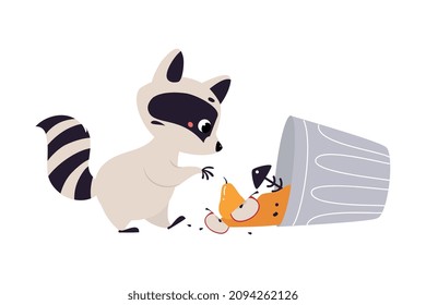 Cute Raccoon Character with Ringed Tail Digging in Dustbin Vector Illustration