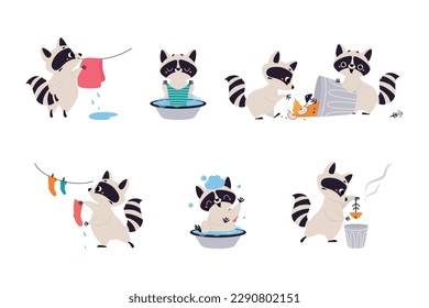 Cute Raccoon Character with Ringed Tail Engaged in Different Activity Vector Set