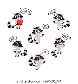 Cute raccoon character showing different emotions with speech bubbles, cartoon vector illustration isolated on white background. Funny little raccoon character saying words, showing emotions