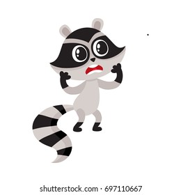 Cute raccoon character unpleasantly surprised, shocked, showing disbelief, cartoon vector illustration isolated on white background. Little raccoon holding head in paws from disbelief, feeling shock