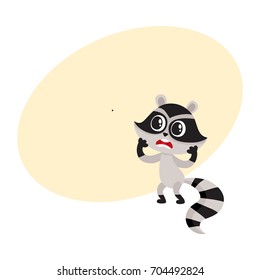 Cute raccoon character unpleasantly surprised, shocked, showing disbelief, cartoon vector illustration with space for text. Little raccoon holding head in paws from disbelief, feeling shock