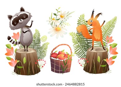 Cute raccoon and cheerful squirrel characters on the tree stump. Summer or spring cartoon for children with happy forest animals. Vector characters clip art for kids story or fairy tale.