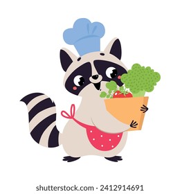 Cute Raccoon Chef Character in Toque Carry Shopping Bag for Cooking Vector Illustration