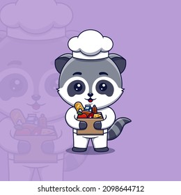Cute raccoon chef holding cardboard box full food