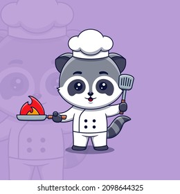 Cute raccoon chef holding spatula and Burning Frying Pan