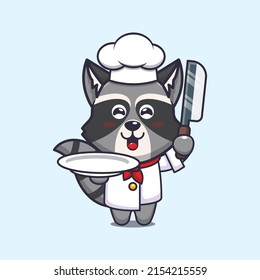 cute raccoon chef mascot cartoon character with knife and plate