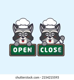 cute raccoon chef mascot cartoon character with open and close board