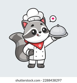 Cute Raccoon Chef Serving Food Cartoon Vector Icon Illustration. Animal Food Icon Concept Isolated Premium Vector. Flat Cartoon Style