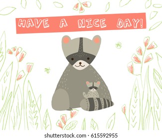 Cute  raccoon with child and floral elements  on white background. Vector greeting card in cartoon style for print design of children's banners, postcards, posters, booklets.