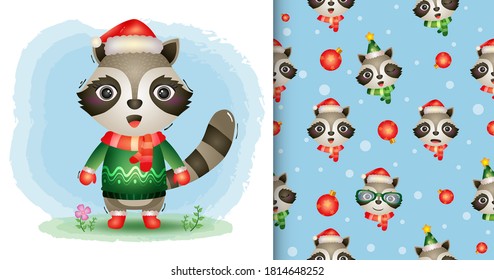 a cute raccoon christmas characters collection with a hat, jacket and scarf. seamless pattern and illustration designs