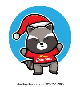 Cute raccoon with christmas costume cartoon character animal christmas concept illustration