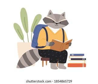 Cute raccoon in clothes reading book. Funny animal pupil with schoolbag sitting on chair and studying. Flat vector cartoon illustration of elementary school student isolated on white