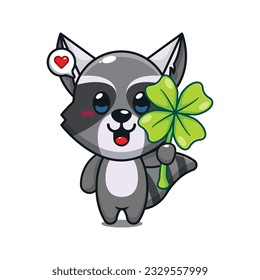 cute raccoon with clover leaf cartoon vector illustration.