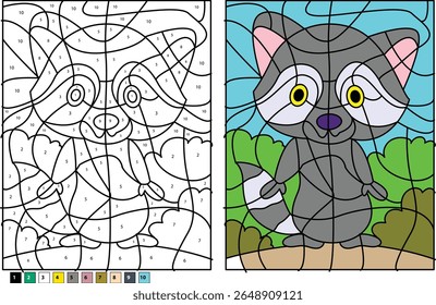 Cute Raccoon cor por número Atividade para crianças: Planilha de impressão educacional com Cartoon Raccoon para aprender cores e números, perfeito para projetos de arte e artesanato infantil.