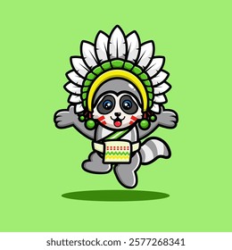 A cute raccoon in a colorful headdress and sash, jumping joyfully on a green background.