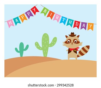 cute raccoon cowboy in desert happy birthday card 