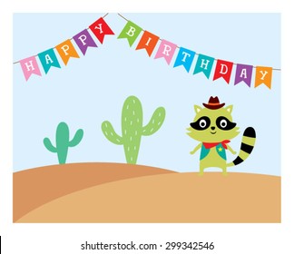 cute raccoon cowboy in desert happy birthday card 