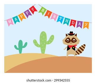 cute raccoon cowboy in desert happy birthday card 