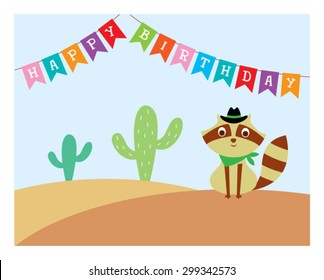 cute raccoon cowboy in desert happy birthday card 