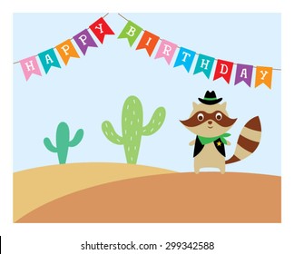 cute raccoon cowboy in desert happy birthday card 