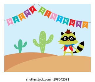 cute raccoon cowboy in desert happy birthday card 