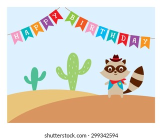 cute raccoon cowboy in desert happy birthday card 