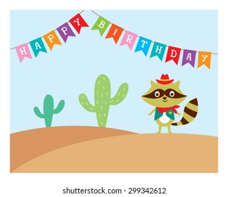 cute raccoon cowboy in desert happy birthday card 