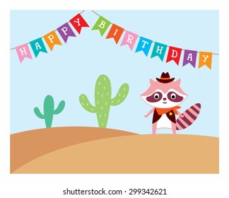 cute raccoon cowboy in desert happy birthday card 