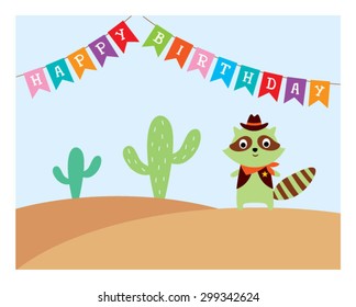 cute raccoon cowboy in desert happy birthday card 