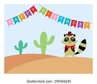 cute raccoon cowboy in desert happy birthday card 