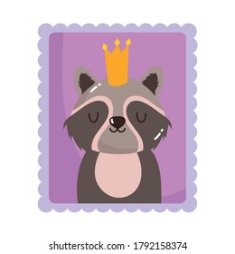 cute raccoon with crown animals cartoon postage mail stamp vector illustration