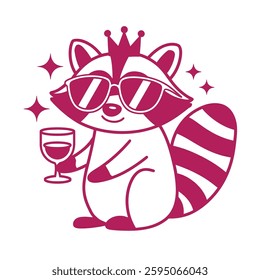 Cute raccoon with crown and wineglass