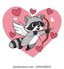 Cute Raccoon Cupid with Bow and Heart Illustration