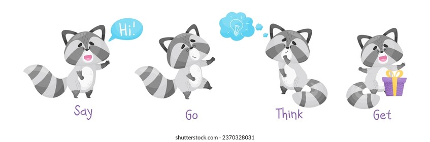 Cute Raccoon Demonstrate English Verb Engaged in Different Activity Vector Set